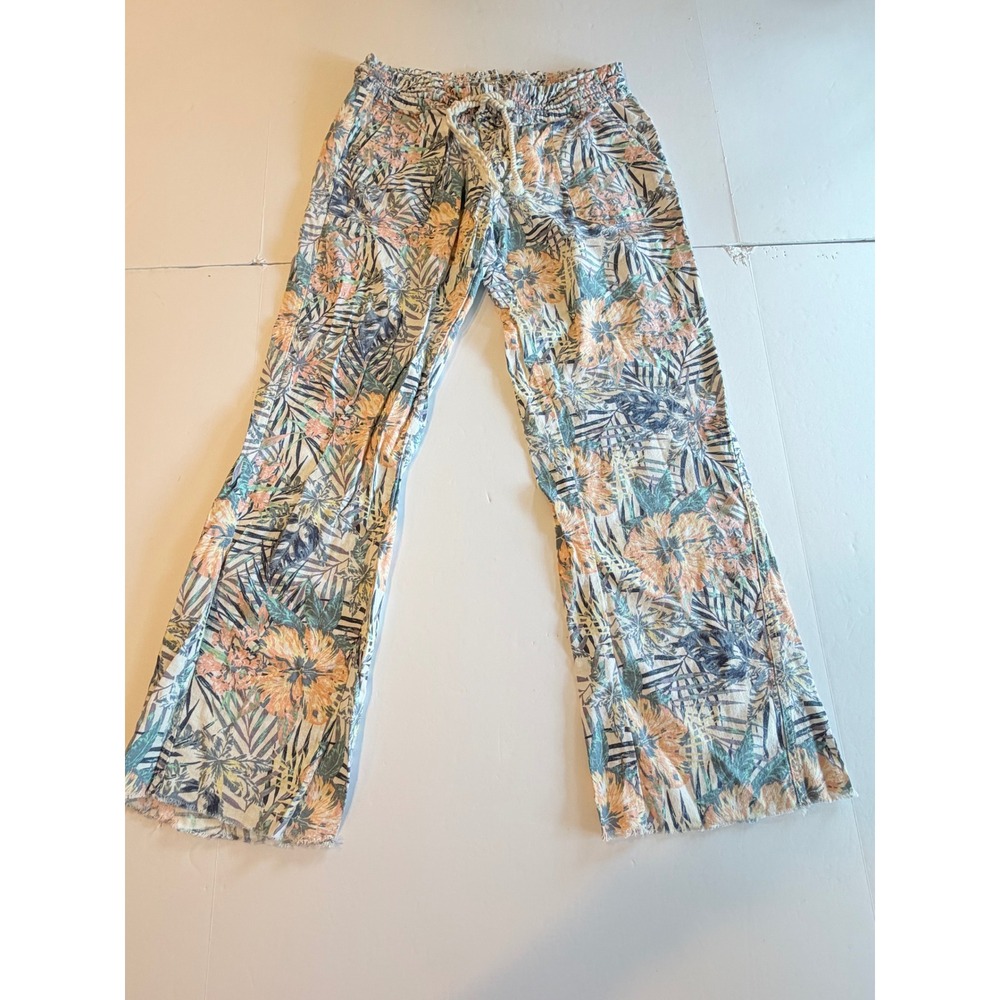 Roxy Womens Tropical Floral Linen Blend Beach Pants Blue Peach Large